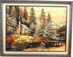 Картина із бурштину "Мисливська хатина" (27 x 36 см) B085-1