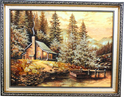 Картина із бурштину "Мисливська хатина" (27 x 36 см) B085-1