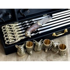 Набор шампуров с бронзовыми ручками "Гранд" (6 шт.) + рюмки (6 шт.) + охотничий нож 470054