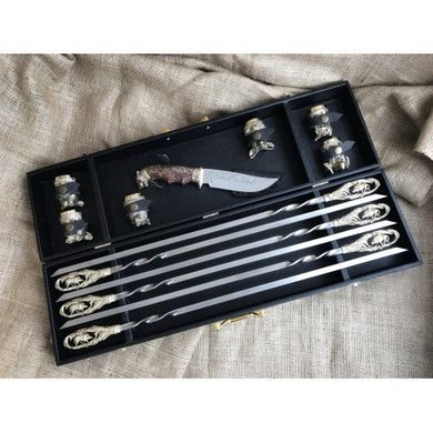 Набор шампуров с бронзовыми ручками "Гранд" (6 шт.) + рюмки (6 шт.) + охотничий нож 470054