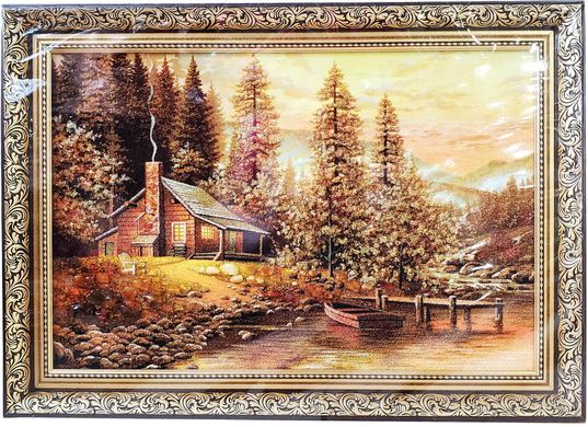 Картина із бурштину "Дім у лісі" (52 x 72 см) B065, 52 x 72, від 51 до 100 см