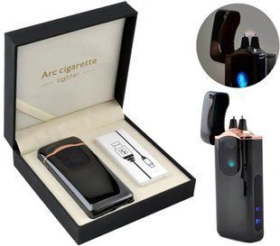 Электроимпульсная USB зажигалка молния-дуга, отпечаток, счетчик зарядки HL-214 Black Ice