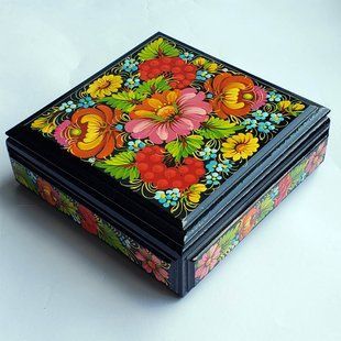 Шкатулка с петриковской росписью квадратная (15 x 15 x 5 см) SK0410