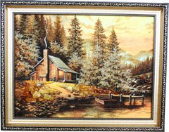 Картина із бурштину "Мисливська хатина" (37 x 47 см) B085