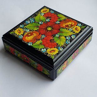Шкатулка с петриковской росписью квадратная (15 x 15 x 5 см) SK0411