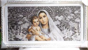 Гобеленовая икона с люрексом Богородица с младенцем (50 x 90 см) B286