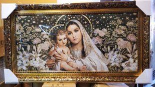 Гобеленова ікона з люрексом Богородиця з дитям (38 x 69 см) B136