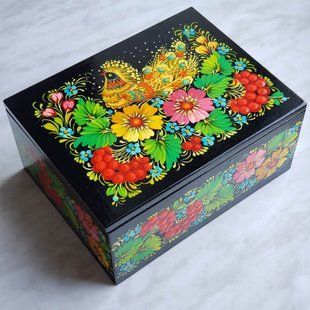 Шкатулка з петриківським розписом прямокутна (19 x 14 x 9 см) SK0427