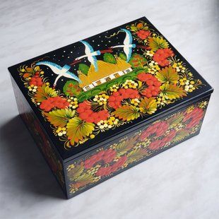 Шкатулка з петриківським розписом прямокутна (19 x 14 x 9 см) SK0428