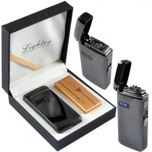 Електроімпульсна (USB) - Газова (Гостре полум'я) Запальничка дві блискавки, індикатор заряду HL-224 Black
