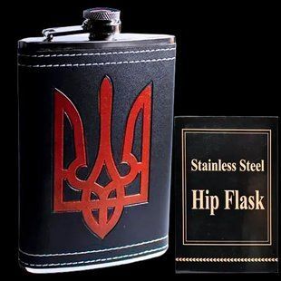 Подарункова кишенькова фляга UKR-14 (9 oz / 265 мл) у шкіряному оздобленні з Гербом України UKR-14