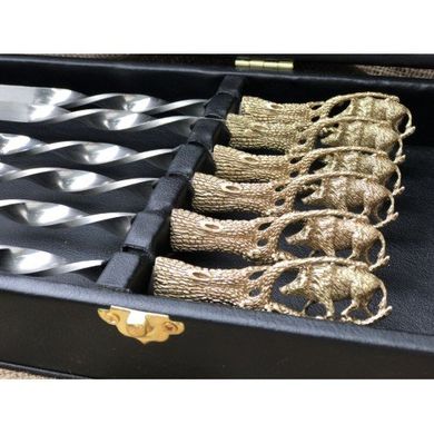 Набір шампурів з бронзовими ручками "Дикий кабан" + розбірний мангал "Лось" в шкіряному кейсі 470061
