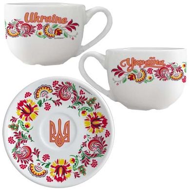 Чашка з блюдцем, петриківський розпис "Україна-Ukraine" (90 мл) UK-CP-084