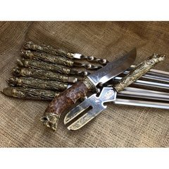 Набор шампуров с бронзовыми ручками "Дикие звери" с вилкой для снятия мяса и ножом в колчане из кожи 470092