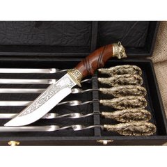 Набір шампурів з бронзовими ручками "Вовча стая" з ножом в кейсі 470047